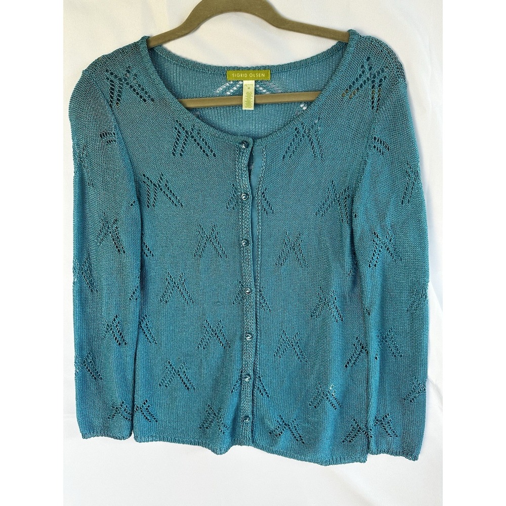 Sigrid Olsen Cardigan Sweater Women's Sz M Petite Turquoise Blue Rayon Long Slv